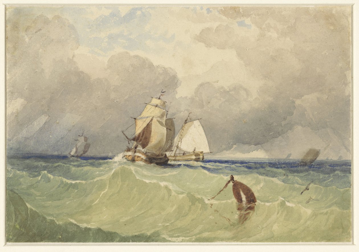 Açık denizlerde yelken açan üç usta ve tjalk by Thomas Sewell Robins