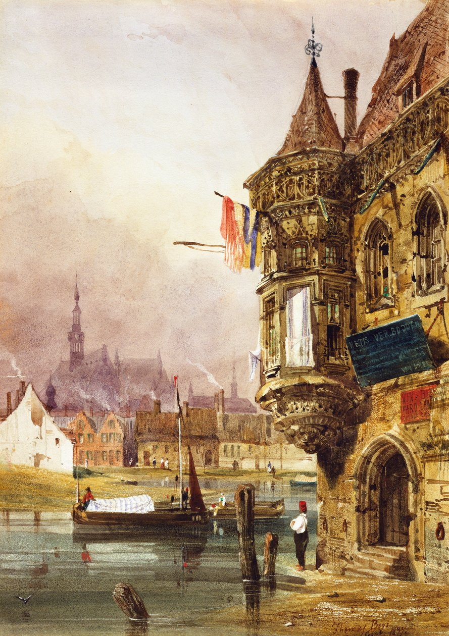 Bir binanın yanında bir figür, Ghent, ötesinde Leye Nehri üzerinde mavnalar, 1833 by Thomas Shotter Boys