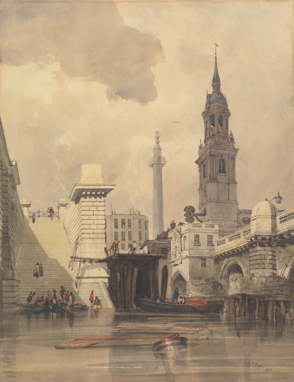 Şehit Aziz Magnus Kilisesi, Londra Köprüsü, Arka Planda Anıt by Thomas Shotter Boys