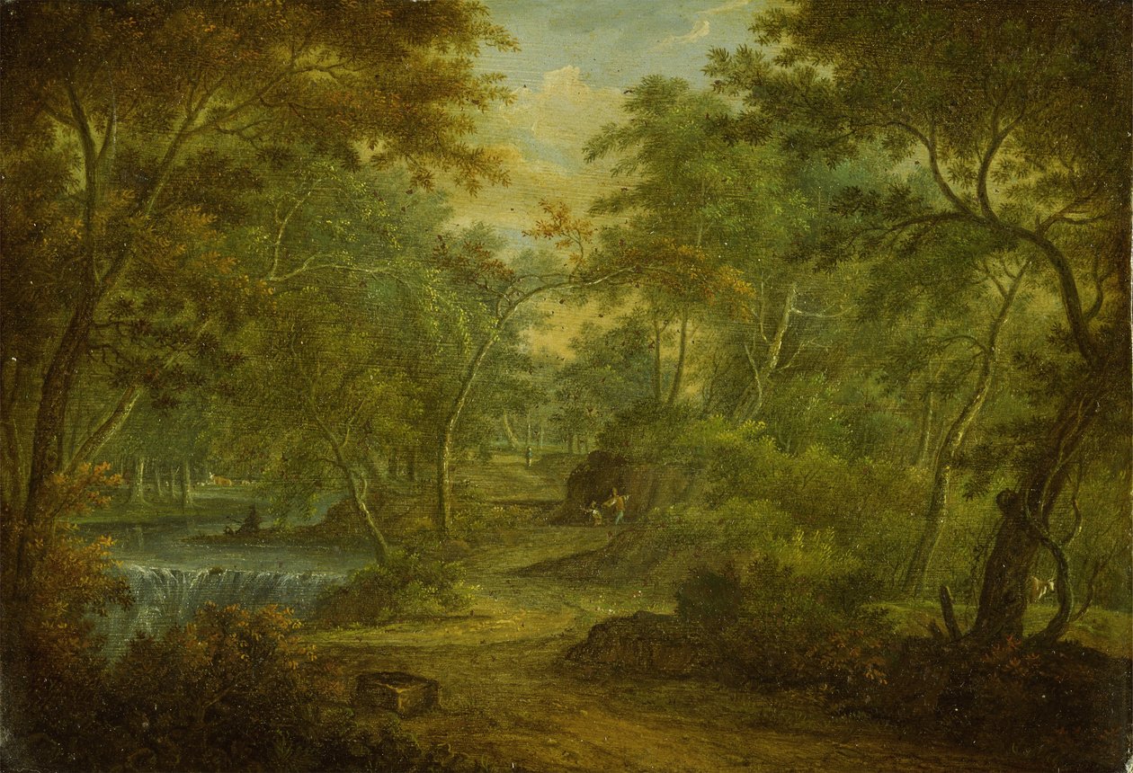 Dere ve Balıkçı ile Ormanlık Bir Peyzaj (bakır üzerine yağ) by Thomas Smith of Derby