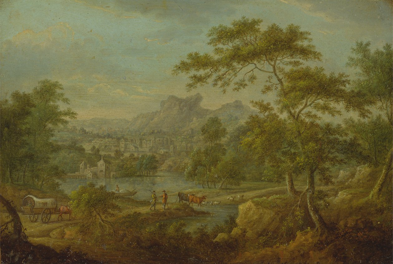 Vagonlu Hayali Bir Manzara ve Bir Kasabanın Uzaktan Görünümü by Thomas Smith of Derby