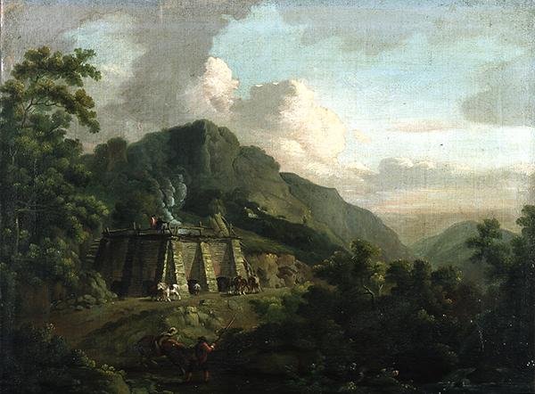 Kireç Fırınında Çalışan İşçiler ve Atlarla Ormanlık Peyzaj (tuval üzerine yağlı boya) by Thomas Smith of Derby