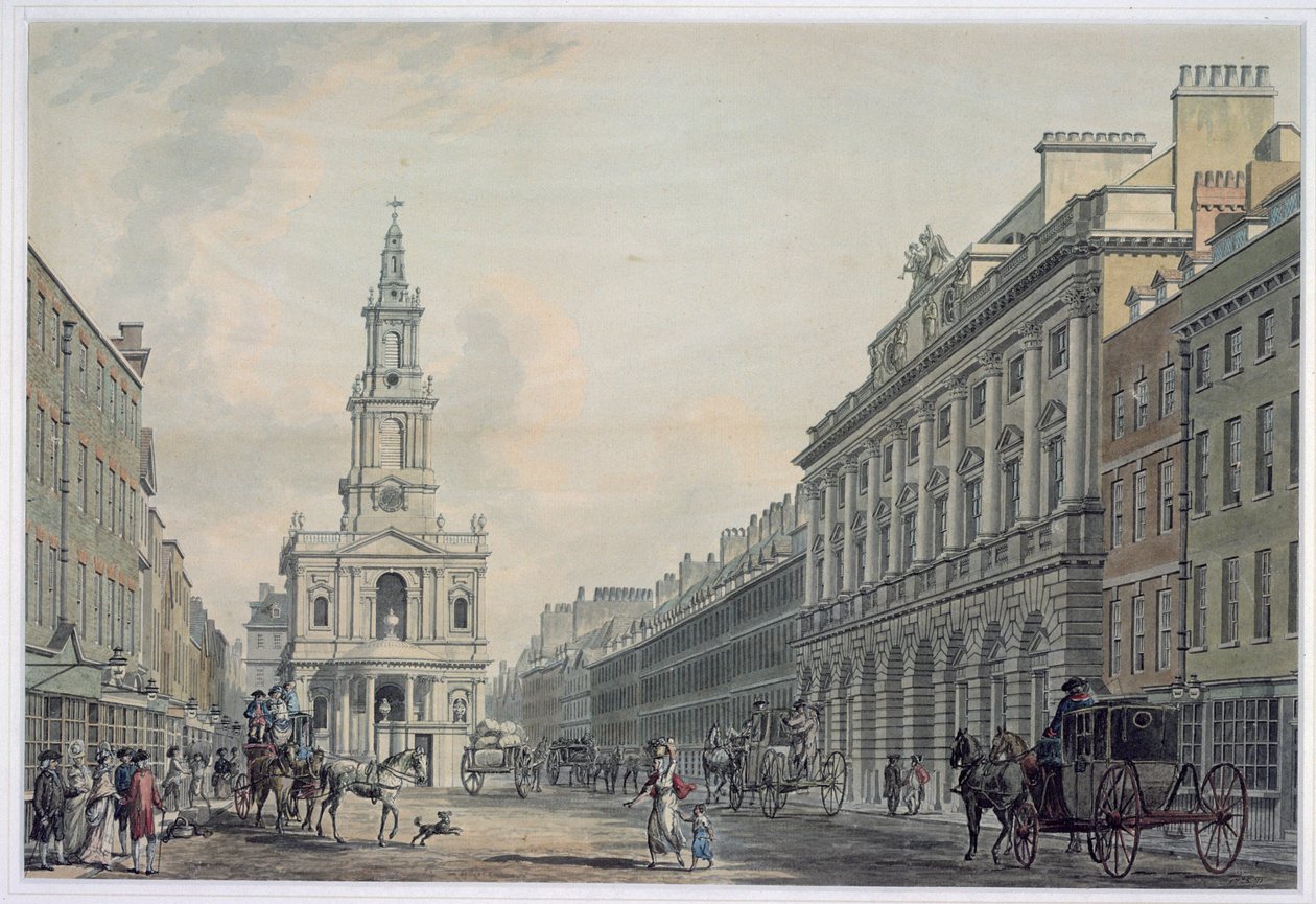 The Strand with Somerset House ve St. Mary le Strand, 1781 (aquatint) by Thomas Snr. Malton