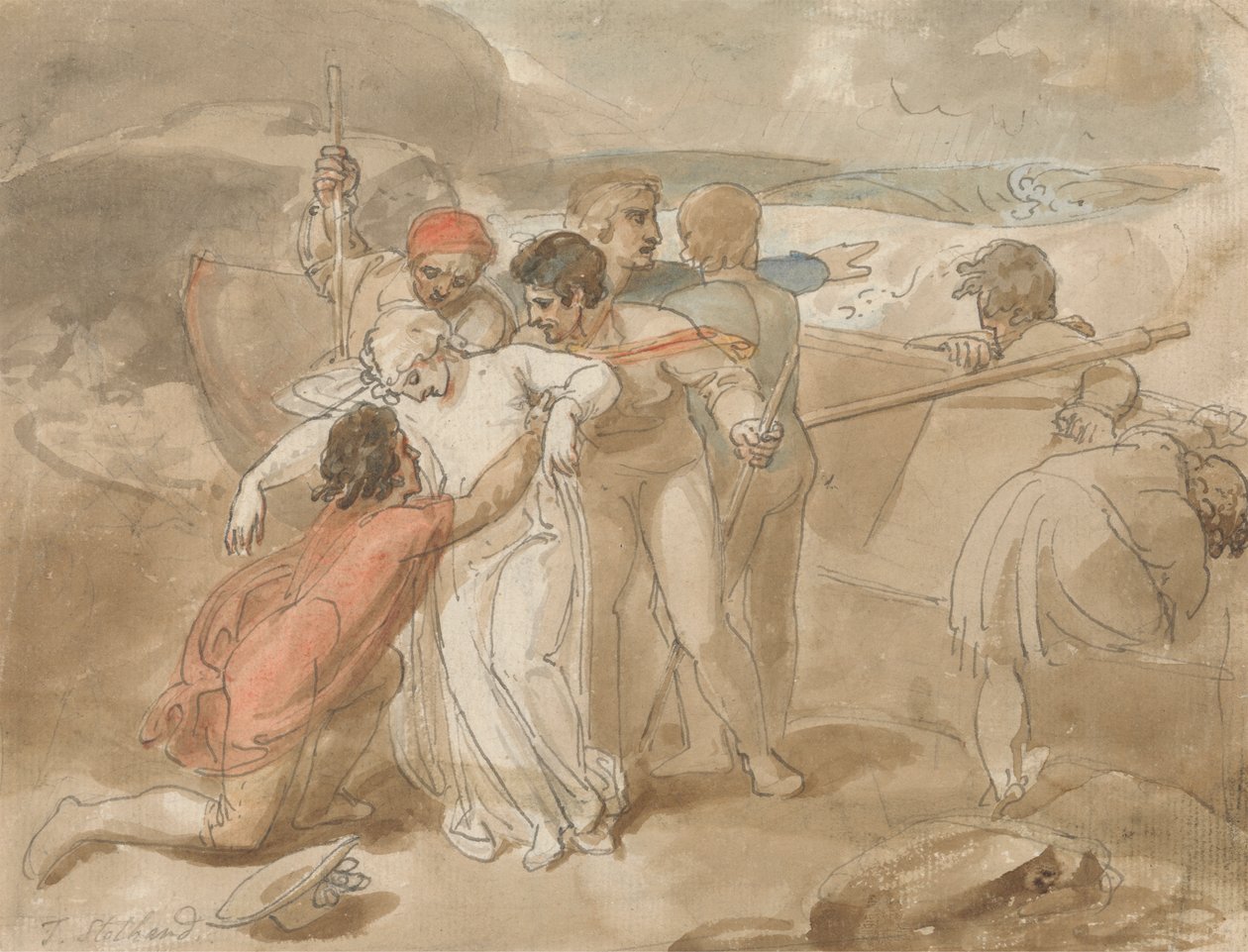 Denizden Kurtarılan ve Kıyıya Yardım Edilen Bir Kadın, Arka Planda Kayık ve Kurtarma Ekipleri by Thomas Stothard