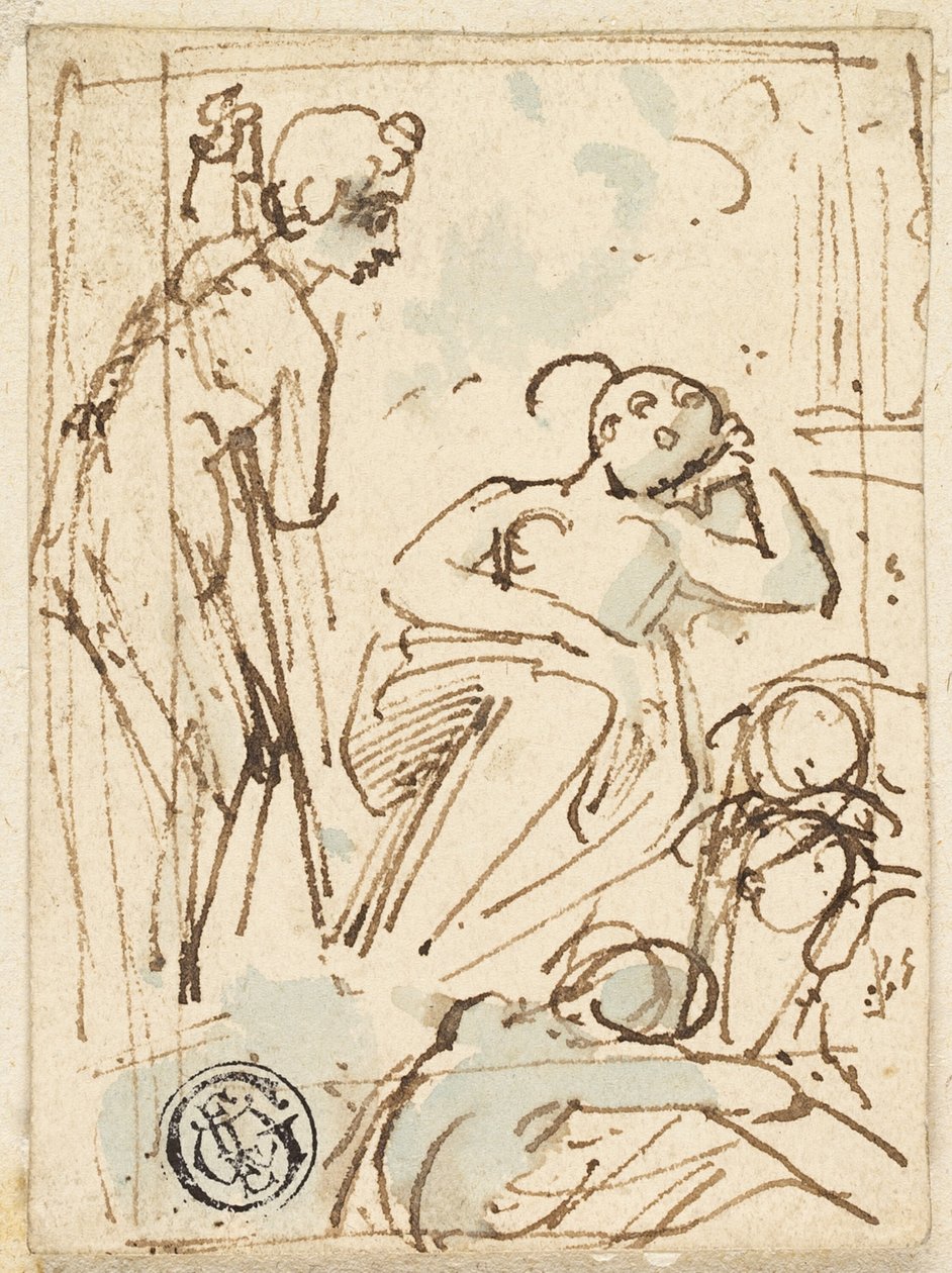 Asaya Yaslanmış, Uyuyan Kadına Bakmış Adamın Kroki by Thomas Stothard