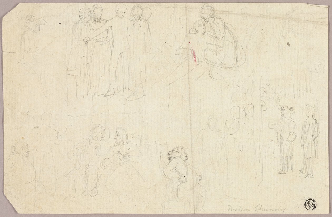Tristram Shandy (rekto) için eskizler; Oturan Alegorik Figürlü Madalyon Eskizleri (ters) by Thomas Stothard