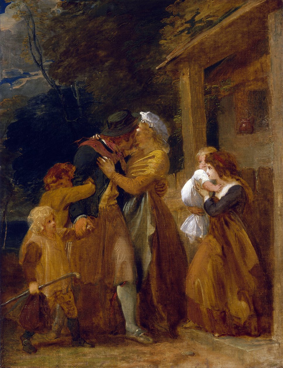 Denizcinin dönüşü, kulübesinin eşiğinde ailesiyle yeniden bir araya gelişi. Tuval üzerine yağlıboya by Thomas Stothard