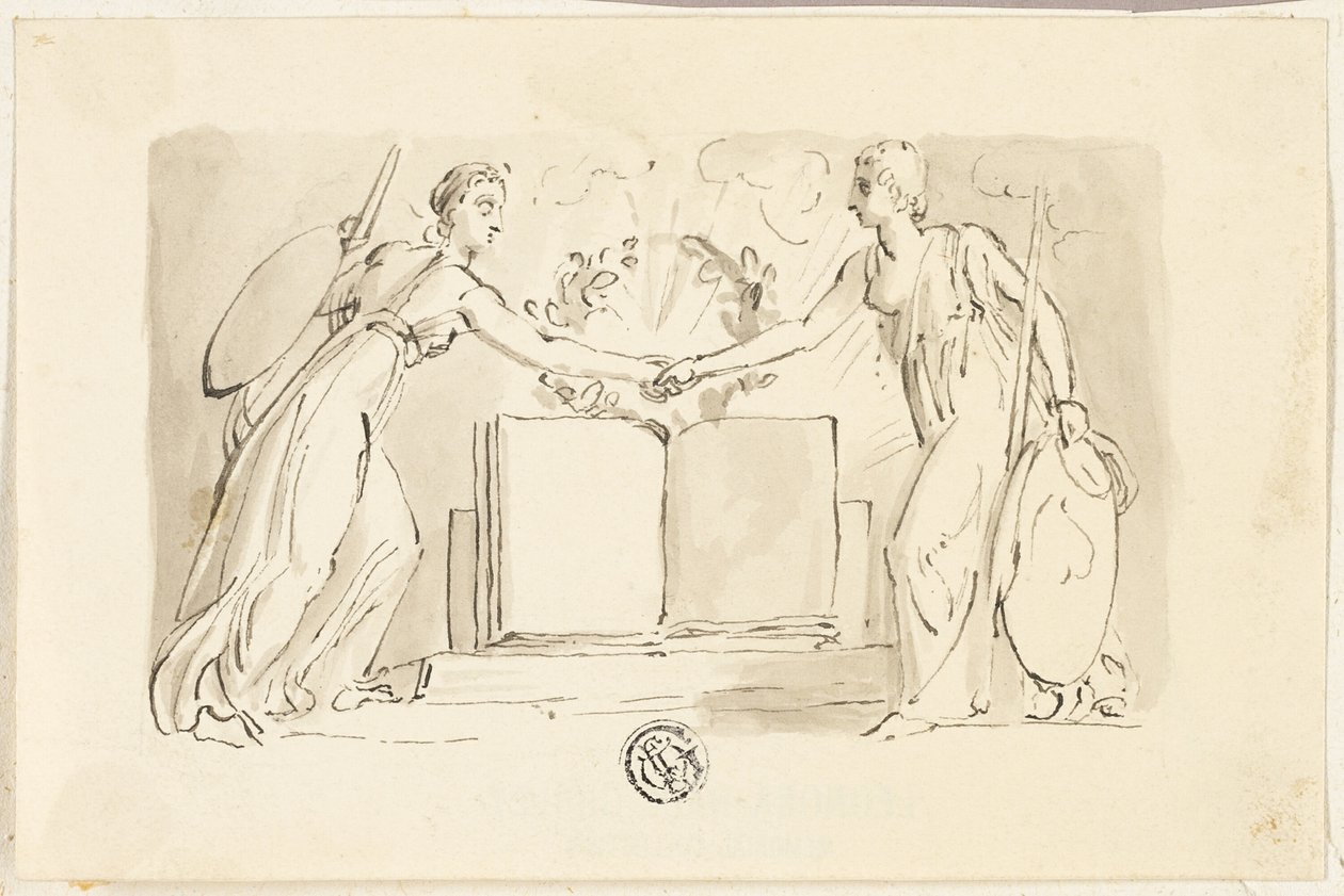 Kitaptan Önce Ellerini Sıkan İki Alegorik Kadın Figürü by Thomas Stothard