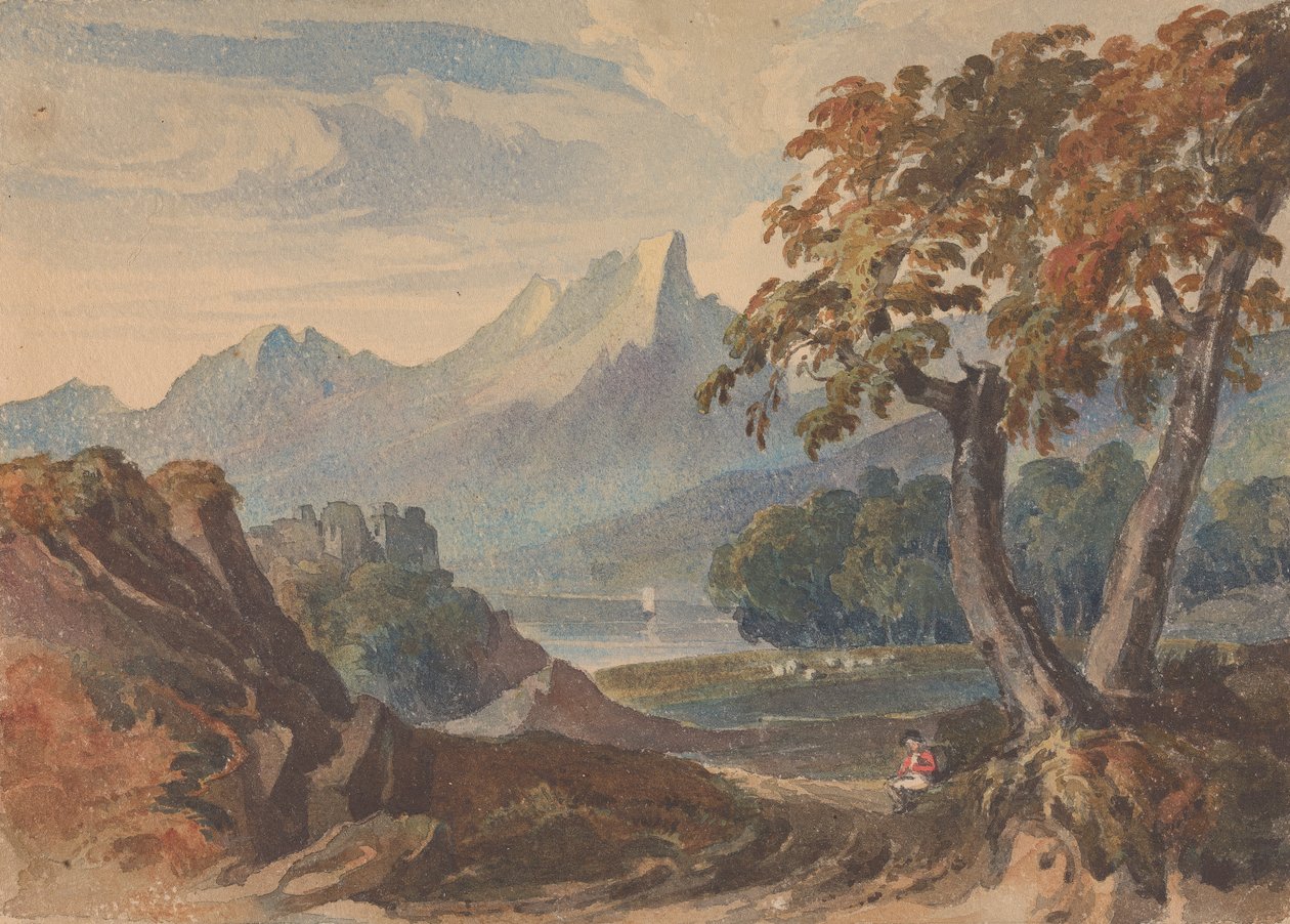 Dağlarla Manzara, Göl Kalesi, Ön Planda Oturan Figür by Thomas Sully