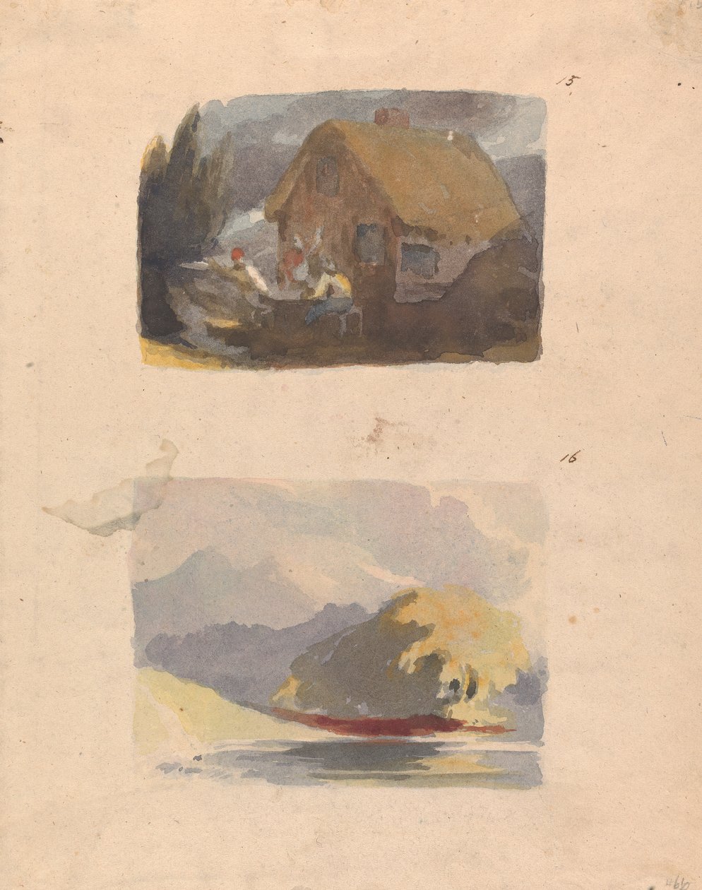 Bir Sayfada İki Çizim: Önünde Figürlü Kulübe (no. 15); Nehir ve Dağ Manzarası - Güneş Işığı (no. 16) by Thomas Sully