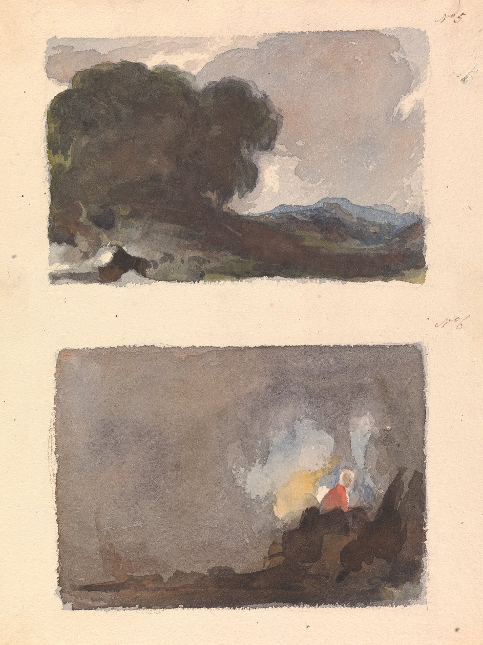 Bir Sayfada İki Çizim: Ön Planda Ağaç ve Uzakta Dağların Olduğu Manzara - Hobbema ve Ruysdael İlkesi (no. 5); İç Sahnedeki Figür - Teniers ve Ostade Prensibi (no. 6) by Thomas Sully