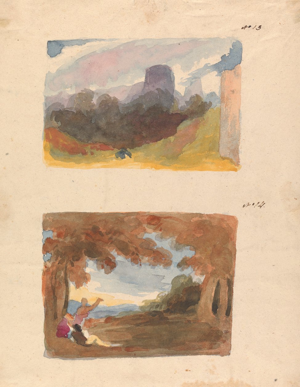 Bir Sayfada İki Çizim: Kaleli Manzara - Modern Tarz (no. 13); Ön Planda Figürlerle Manzara (no. 14) by Thomas Sully