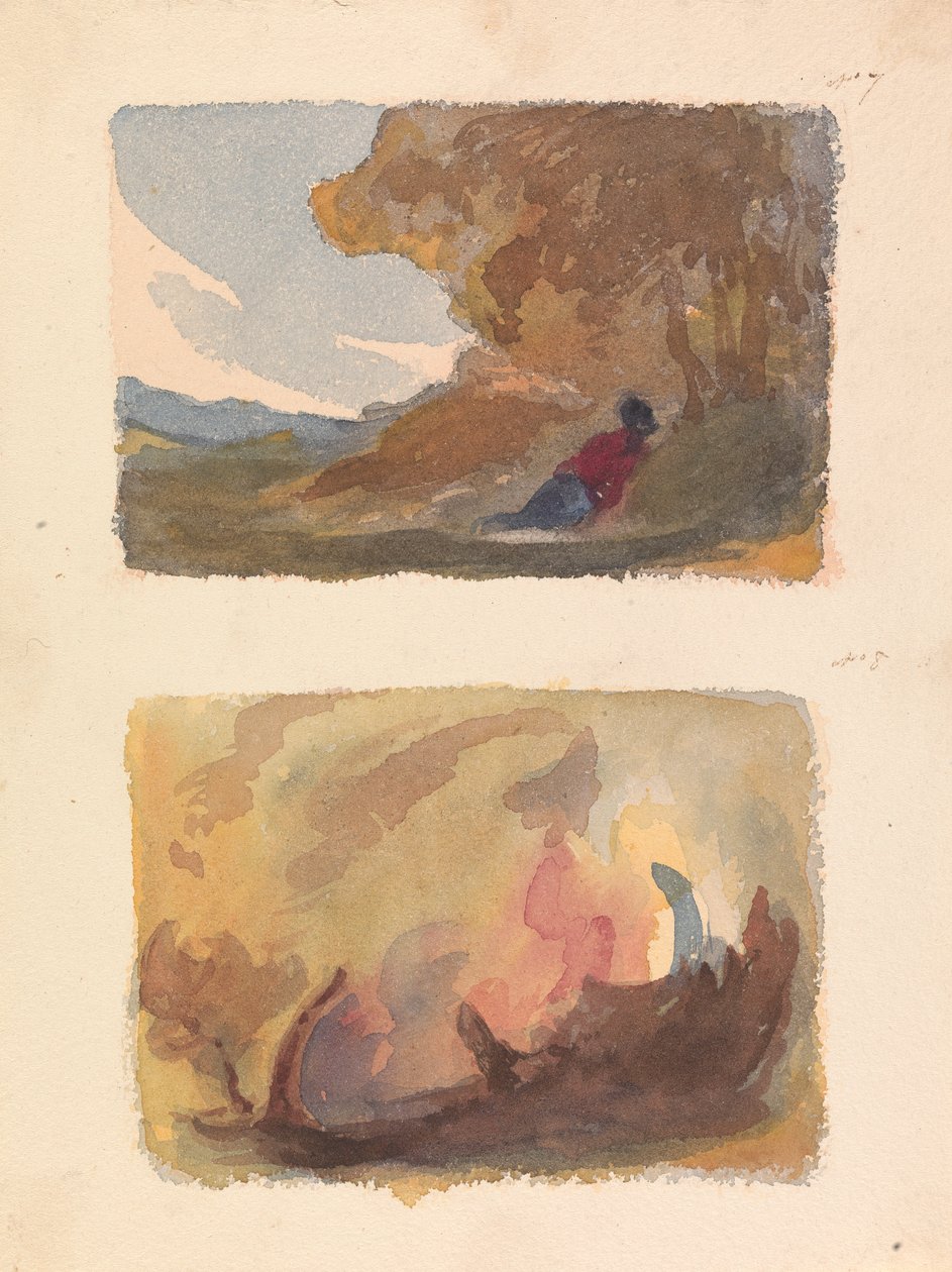 Bir Sayfada İki Çizim: Tepeye Yaslanmış Şekilli Manzara - Titian ve Venedik Okulu (no. 7); Manzara - Suluboya Yıkama Çeşitleri (no. 8) by Thomas Sully