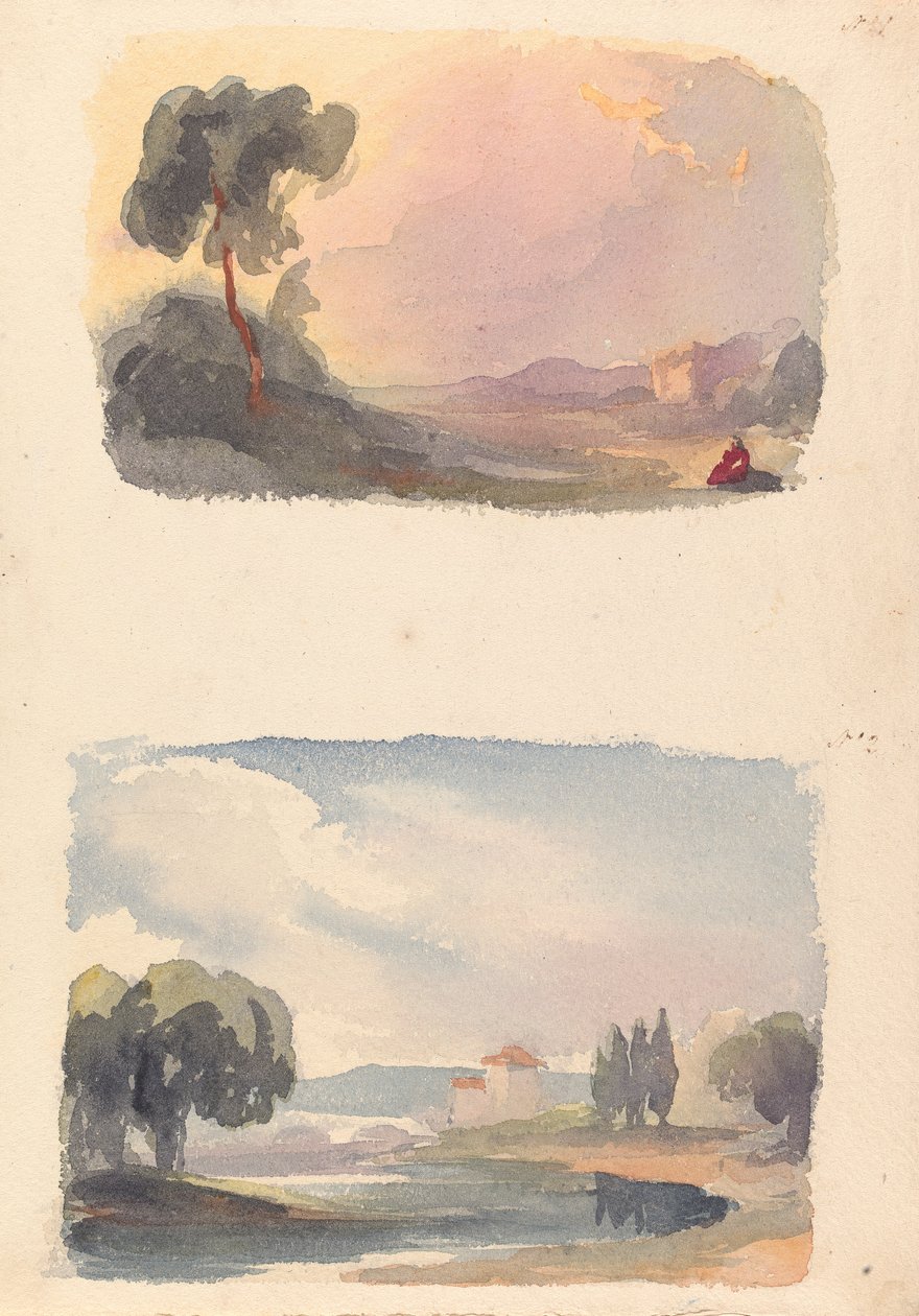 Bir Sayfada İki Çizim: Uzakta Dağlar ve Ön Planda Oturan Figürlerle Manzara (no. 1); Nehir ve Bina Manzarası, Uzaktaki Dağlar (no. 2) by Thomas Sully