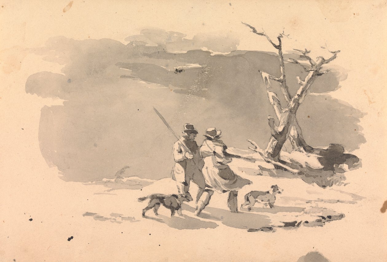 Kış Sahnesinde İki Avcı ve İki Köpek by Thomas Sully