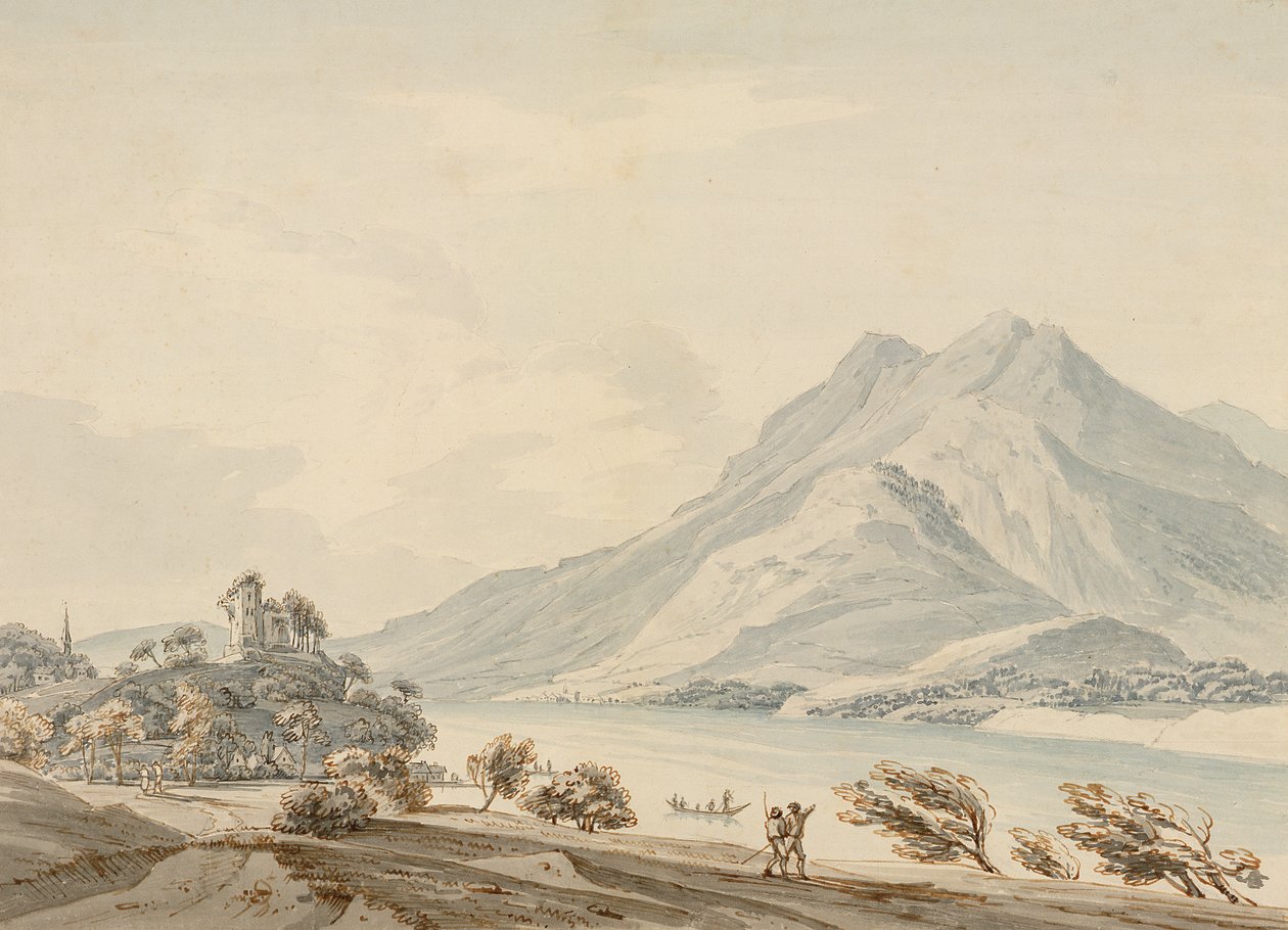 Luzern Gölü üzerindeki Rigi Dağı ve Hapsbourg Antik Kalesi (kağıt üzerinde grafit üzerinde wc) by Thomas Sunderland