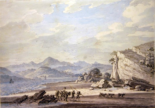 Ulverston Sands with Coniston Fells in the Distance (kalem, tükenmez kalem ve mürekkep ve kağıt üzerine sulu boya) by Thomas Sunderland