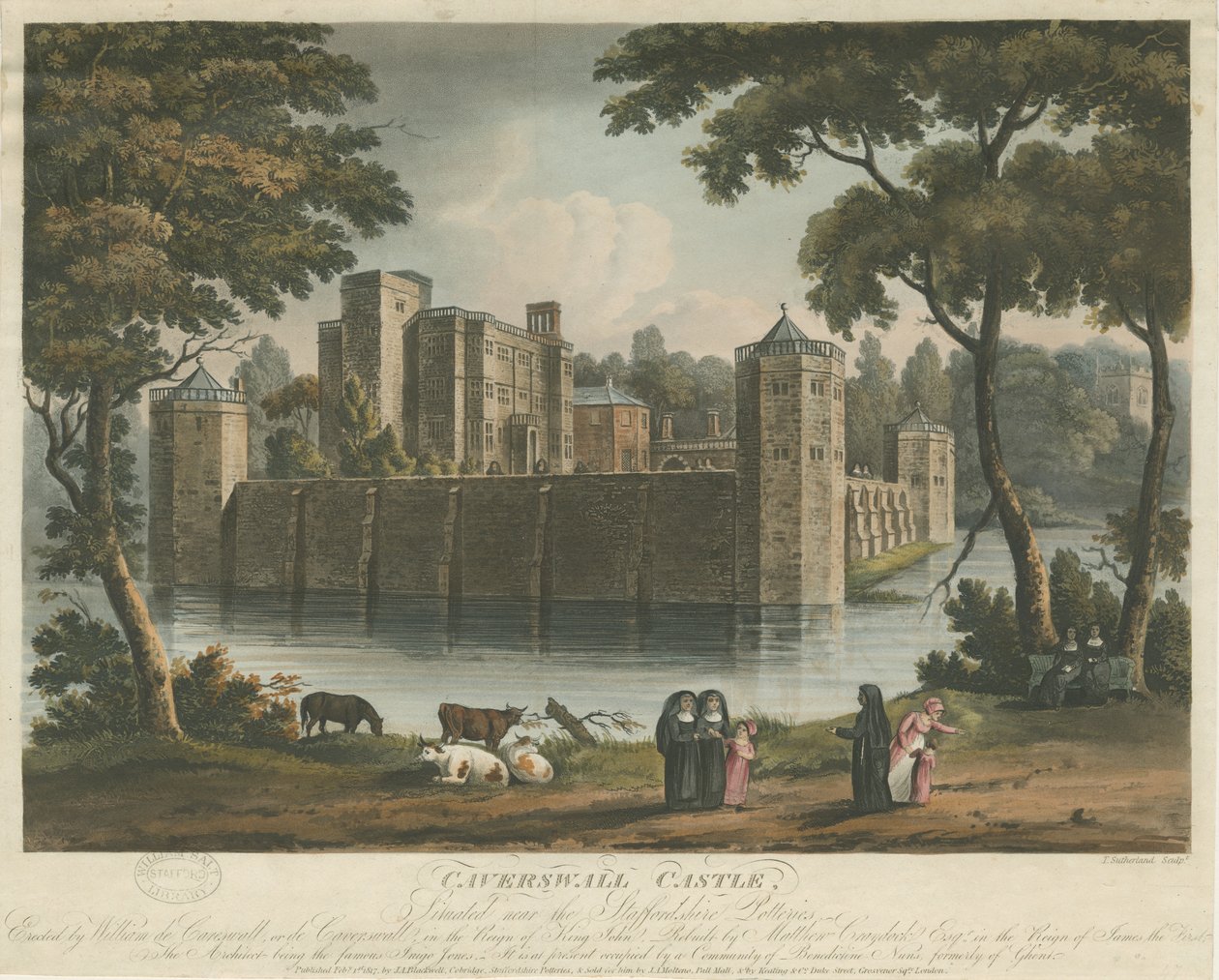 Caverswall Kalesi: renkli aquatint gravür, 1 Şubat 1817 by Thomas Sutherland