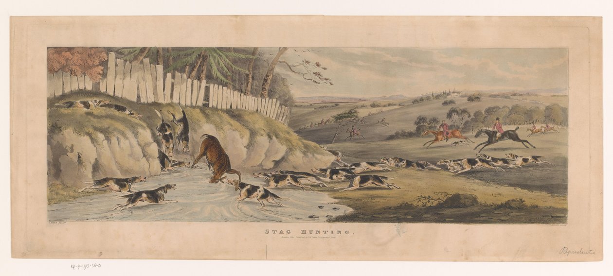 Tilki tazı sürüsü, Stag Hunting'de bir geyiği havuza kovalar (nesne üzerindeki başlık) by Thomas Sutherland