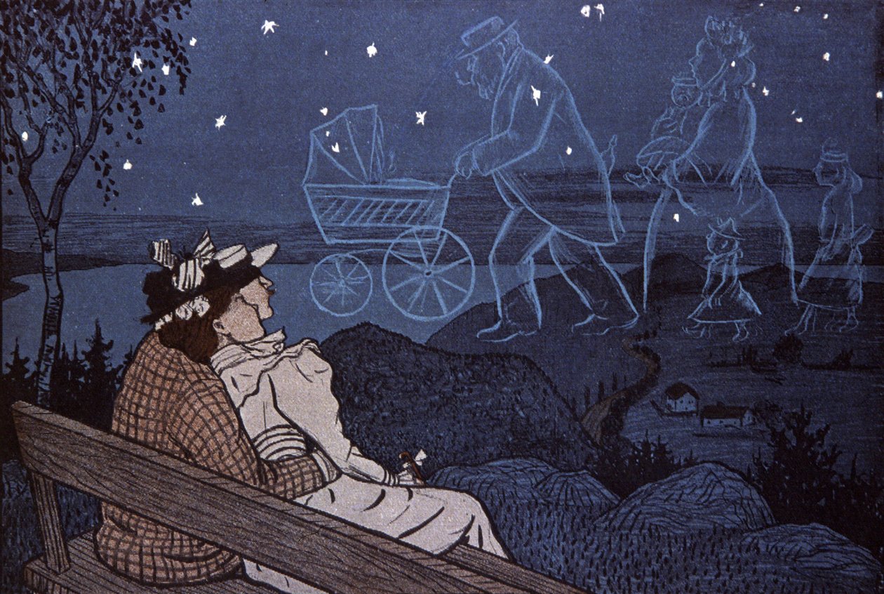 Açıkta bir çift, geleceklerine yıldızlardan bakıyor: çocuklar, aile. İllüstrasyon: Th.Th. Heine: Simplicissimus, Almanya by Thomas Theodor Heine