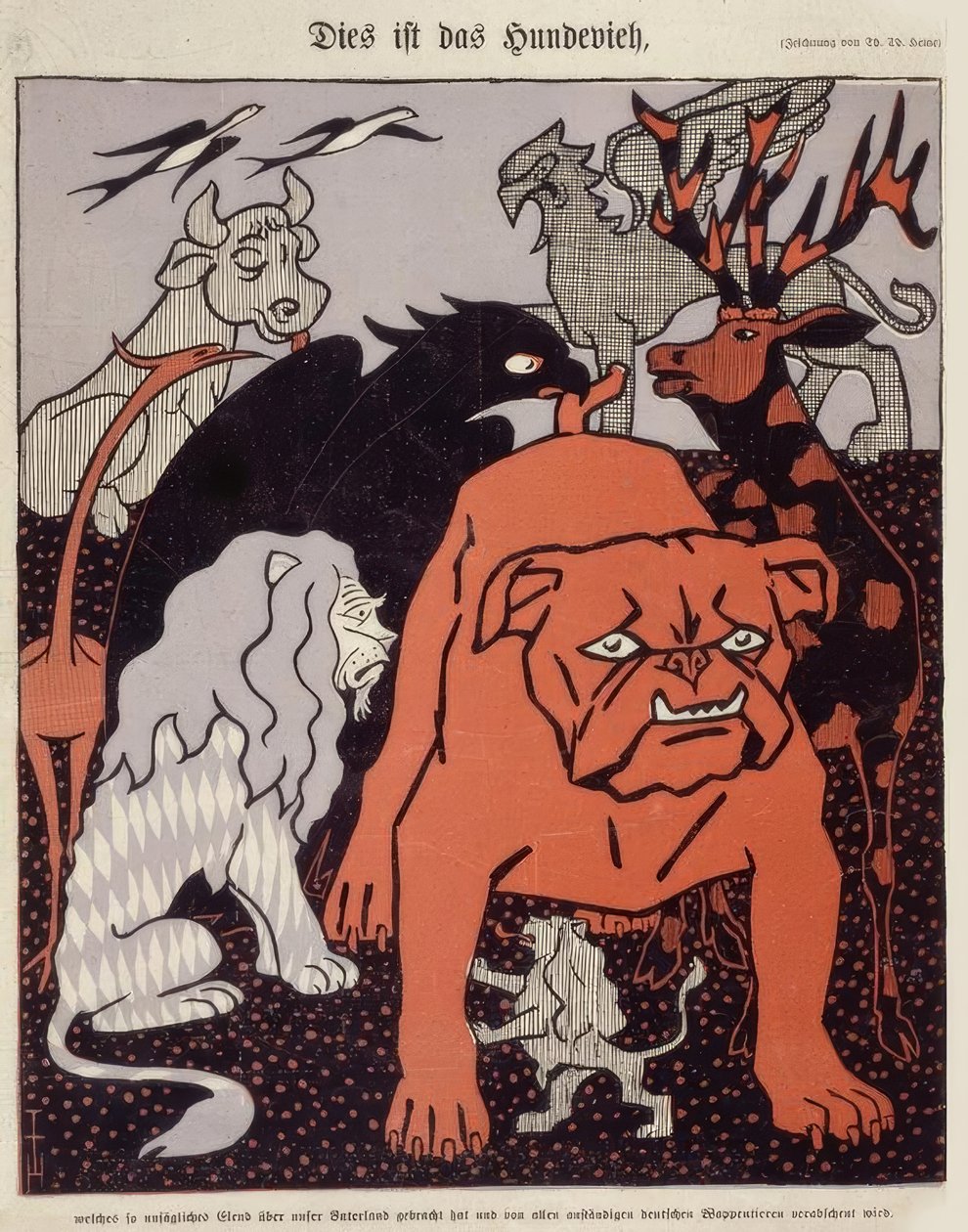 Bunlar, anavatanımıza böylesine tarifsiz bir sefalet getiren ve tüm terbiyeli Alman hanedan hayvanlarının tiksindiği köpek sığırlarıdır. by Thomas Theodor Heine