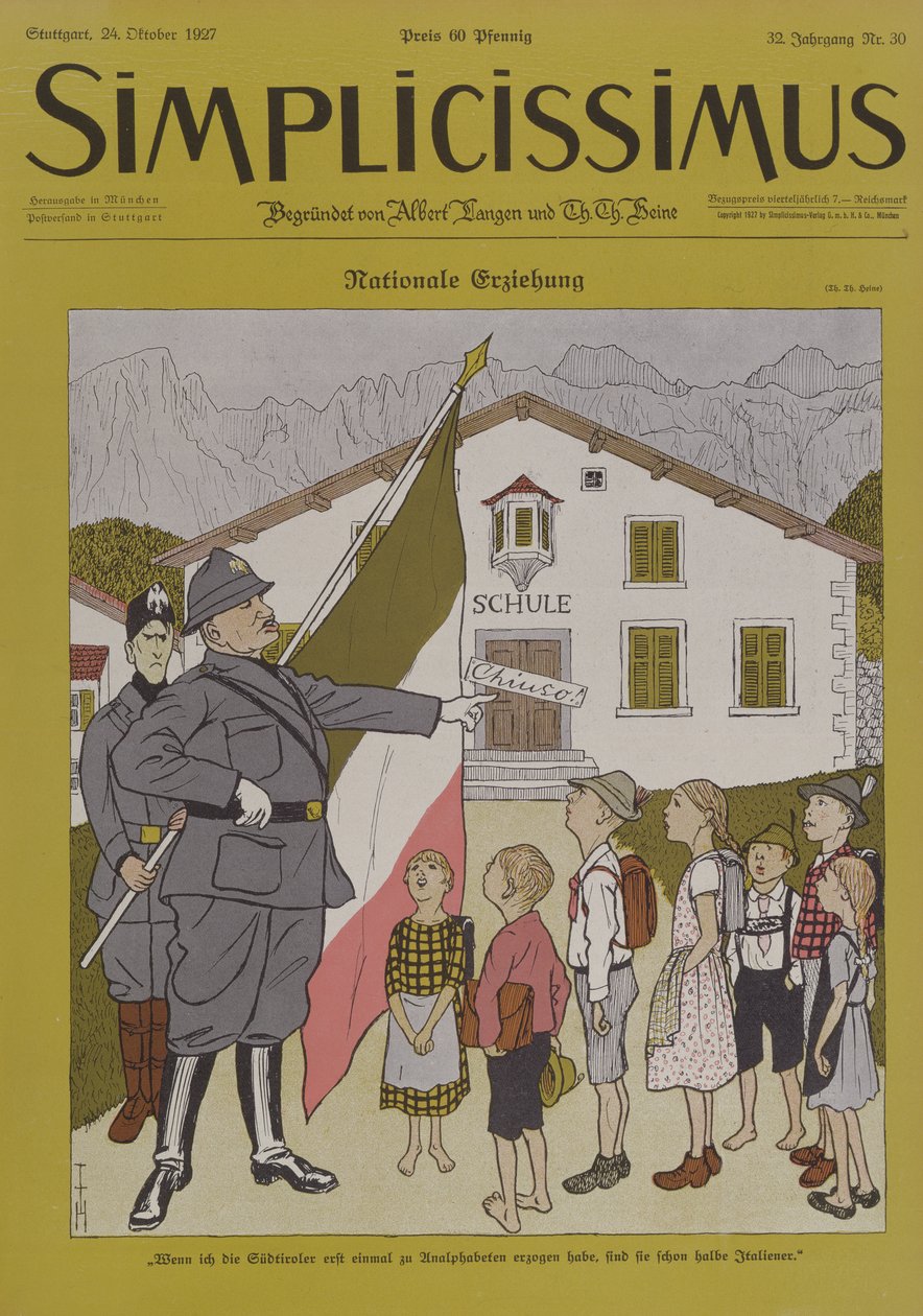 Mussolini (1883-1945) ve İtalyan Tirol, 'Simplicissimus' dergisinden karikatür, 24 Ekim 1924 (renkli lito) by Thomas Theodor Heine