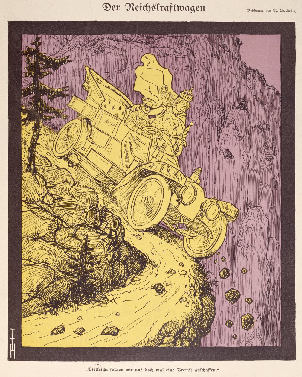 II. Wilhelm (1859-1941) tarafından sürülen Alman İmparatorluğu'nun Arabası 'Simplicissimus' 1907'nin kapağındaki resim (renkli lito) by Thomas Theodor Heine