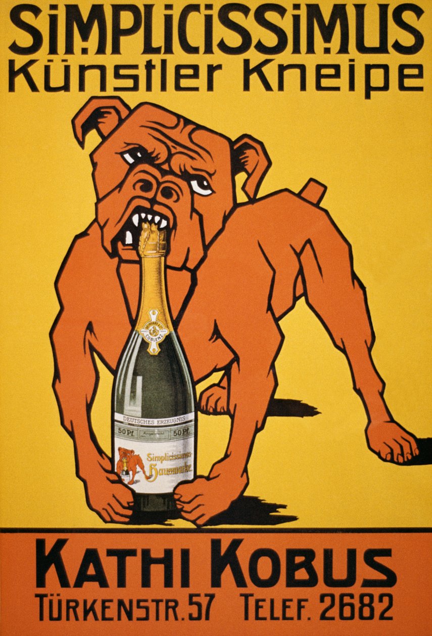 Şampanya şişesini ısıran buldogun VINTAGE posteri (poster) by Thomas Theodor Heine