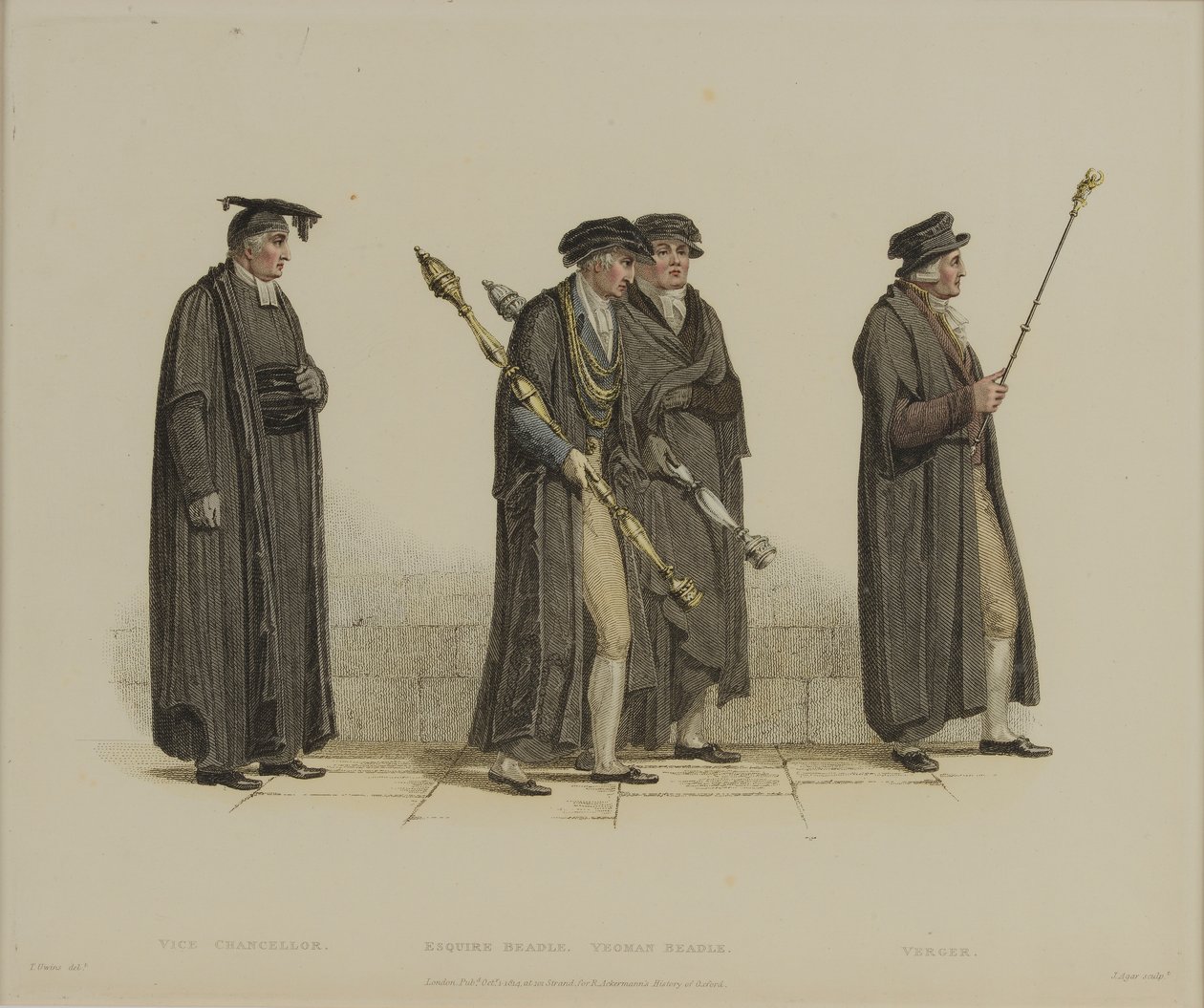 Başkan Yardımcısı, Esquire Beadle, Yeoman Beadle, Verger, J. Agar tarafından oyulmuş, R. Ackermann'ın 'History of Oxford'unda yayınlanmıştır, 1813 (el renkli gravür) by Thomas Uwins