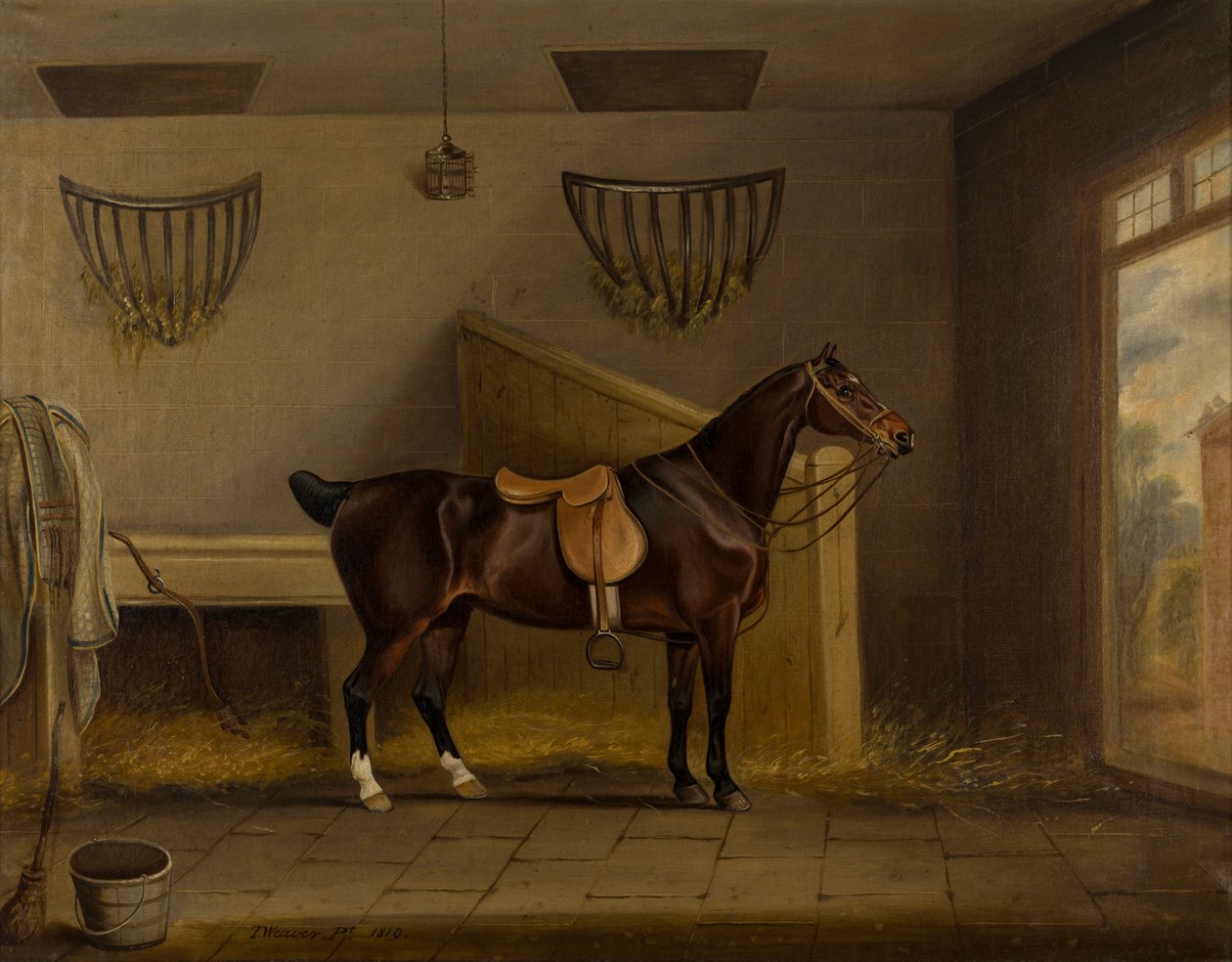 Ahırda eyerli bir Bay Hunter, 1819 dolayları (tuval üzerine yağlı boya) by Thomas Weaver