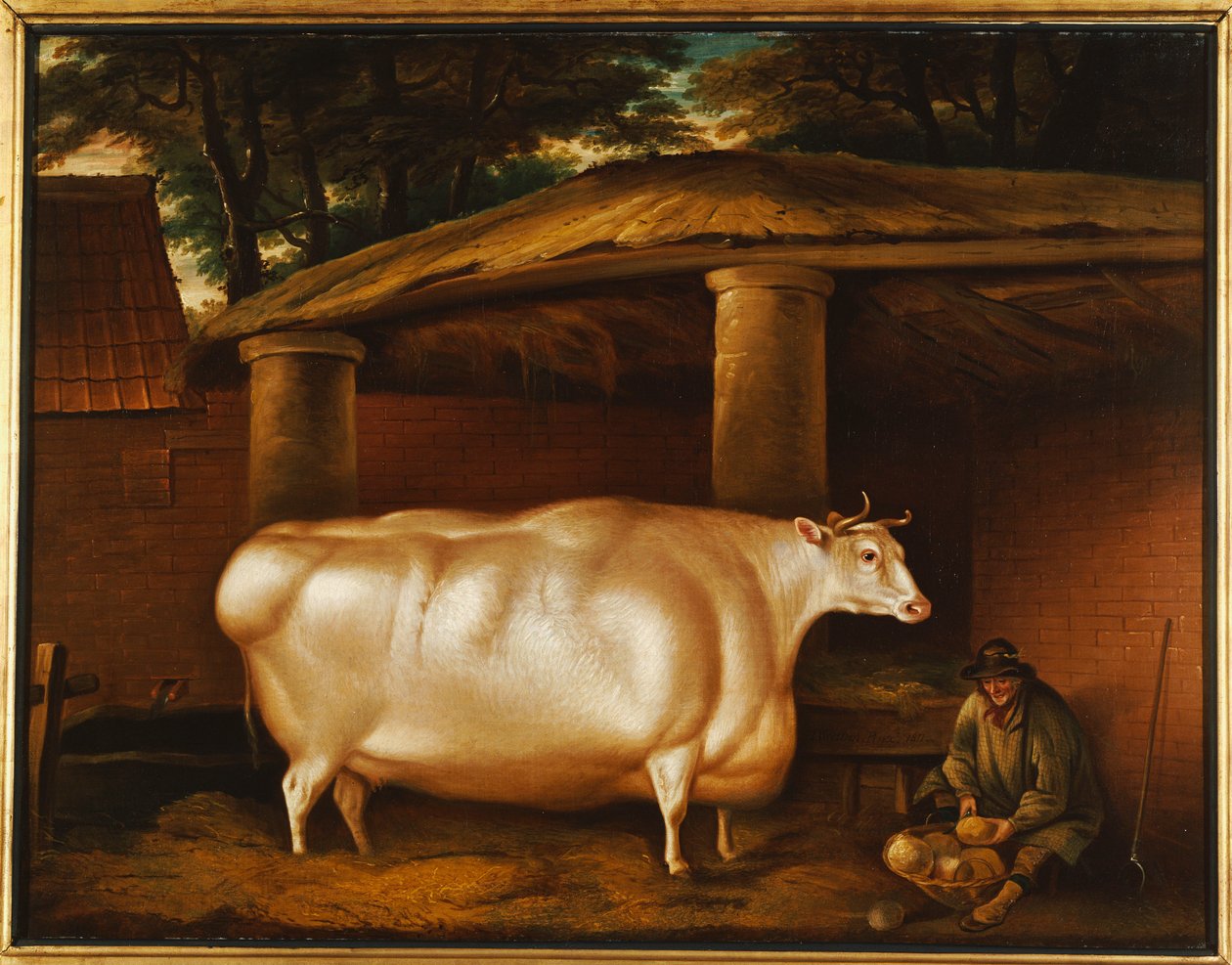 Ahır bahçesinde şalgam dilimleyen bir adamla seyahat eden Beyaz Düve, 1811 by Thomas Weaver