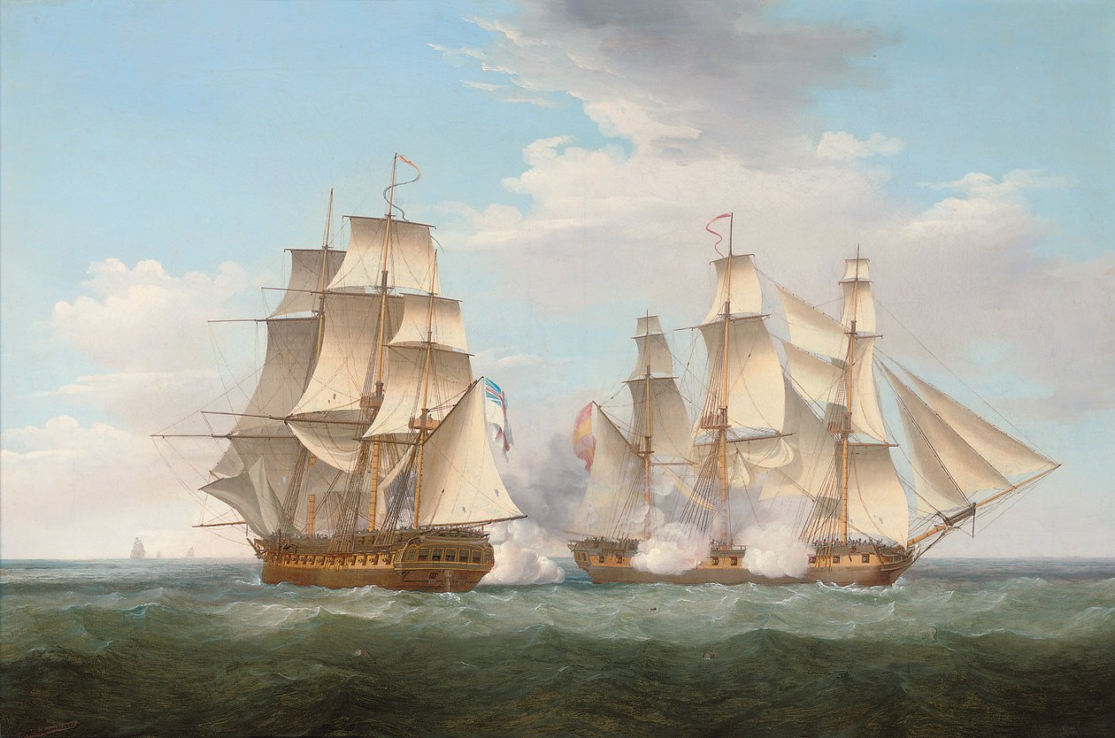 H.M.S. Ethalion İspanyol firkateyni Thetis ile Finisterre Burnu açıklarında hareket halinde, 16 Ekim 1799, 1800 by Thomas Whitcombe