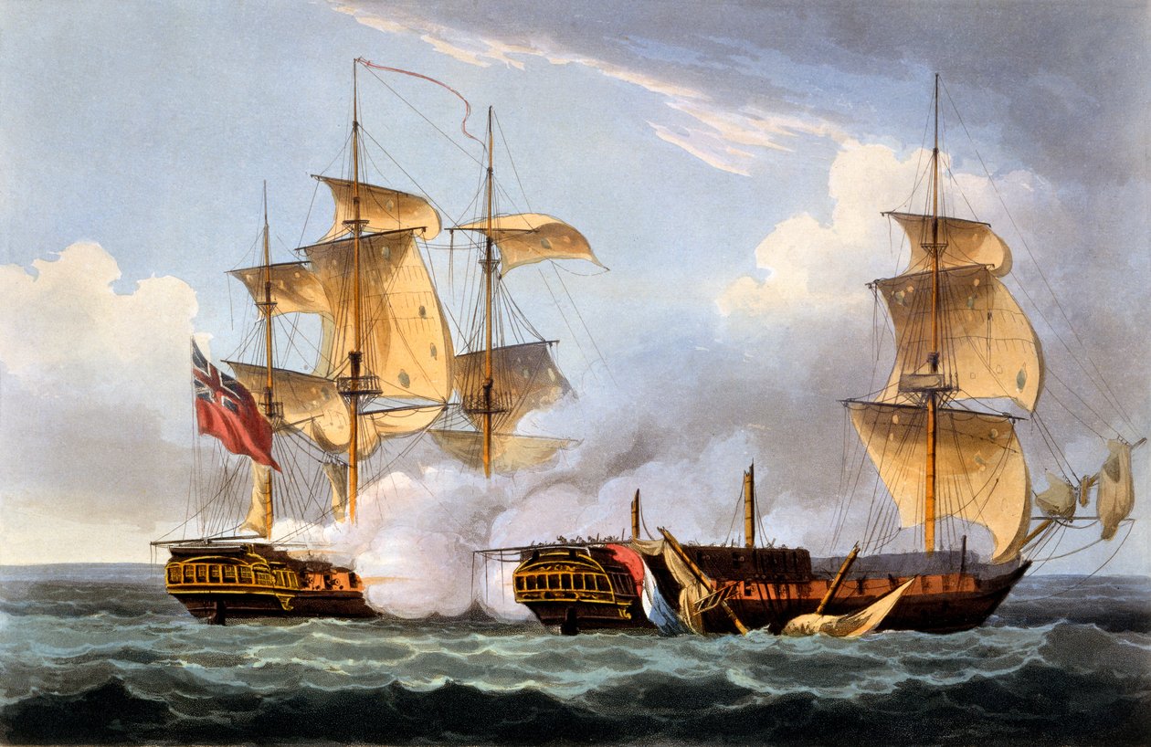 La Vestale'nin Yakalanması, 20 Ağustos 1799, James Jenkins tarafından 'Büyük Britanya'nın Deniz Başarıları'ndan, Thomas Sutherland tarafından oyulmuş, 1817'de yayınlandı (el boyaması aquatint) by Thomas Whitcombe