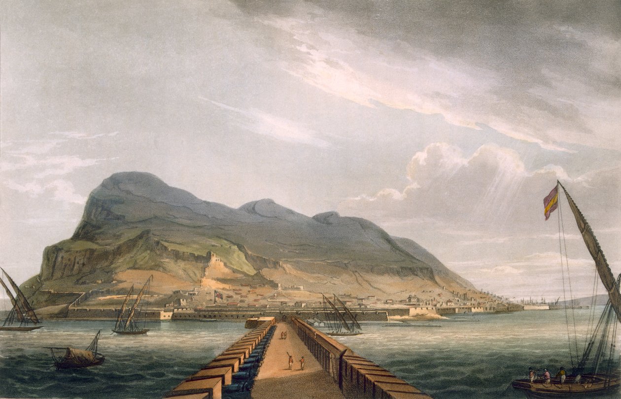 Cebelitarık görünümü, Thomas Sutherland tarafından J. Jenkins'in 'Deniz Başarıları' için oyulmuş, 1816 (renkli gravür) by Thomas Whitcombe