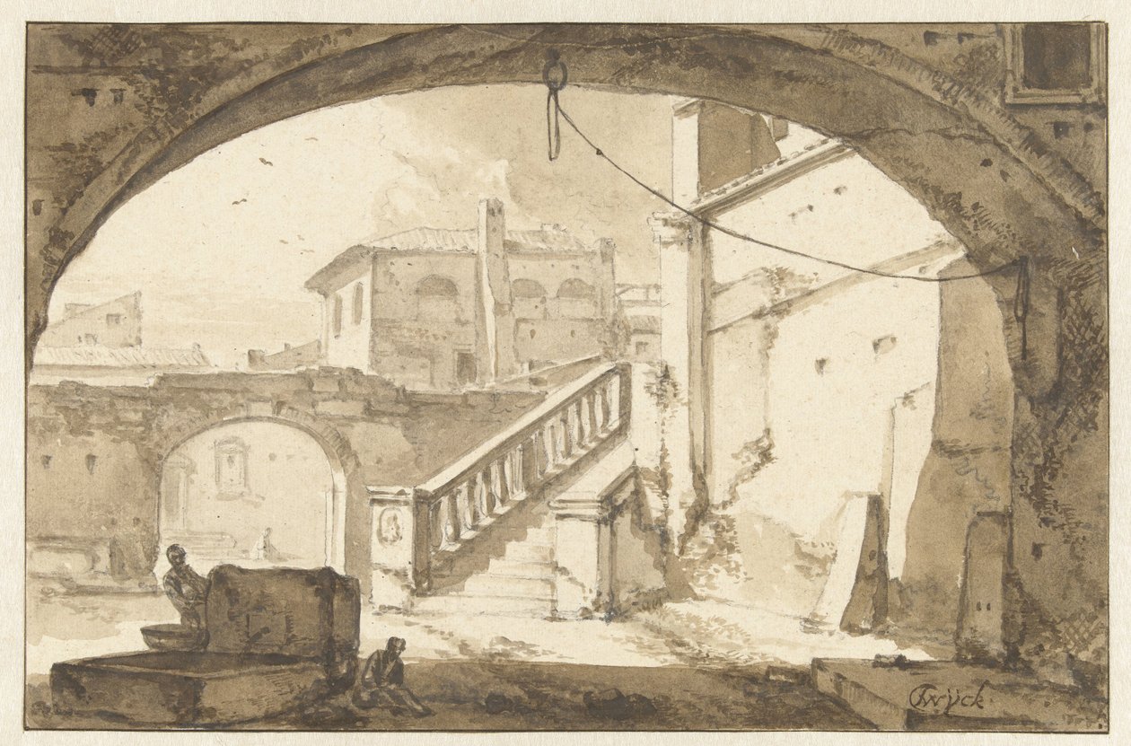 Bir kemerden bir İtalyan avlusuna bakın by Thomas Wijck