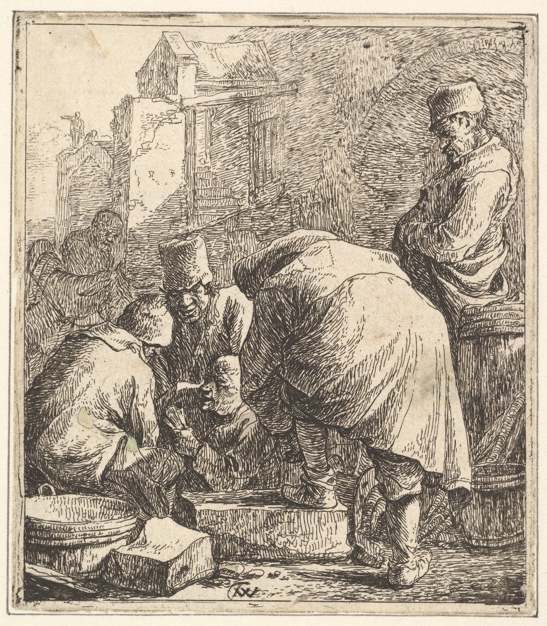Ayakkabılarını Ayarlayan Adam, Solda Üç Adam İskambil, 1630-77. by Thomas Wijck