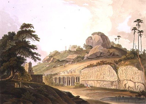 Mavalipuram'daki Kazılmış Bir Hindu Tapınağının Girişi, 'Doğu Manzarası'nın 3. Kısmından II. levha, pub. 1799 (akvaryum) by Thomas und William Daniell