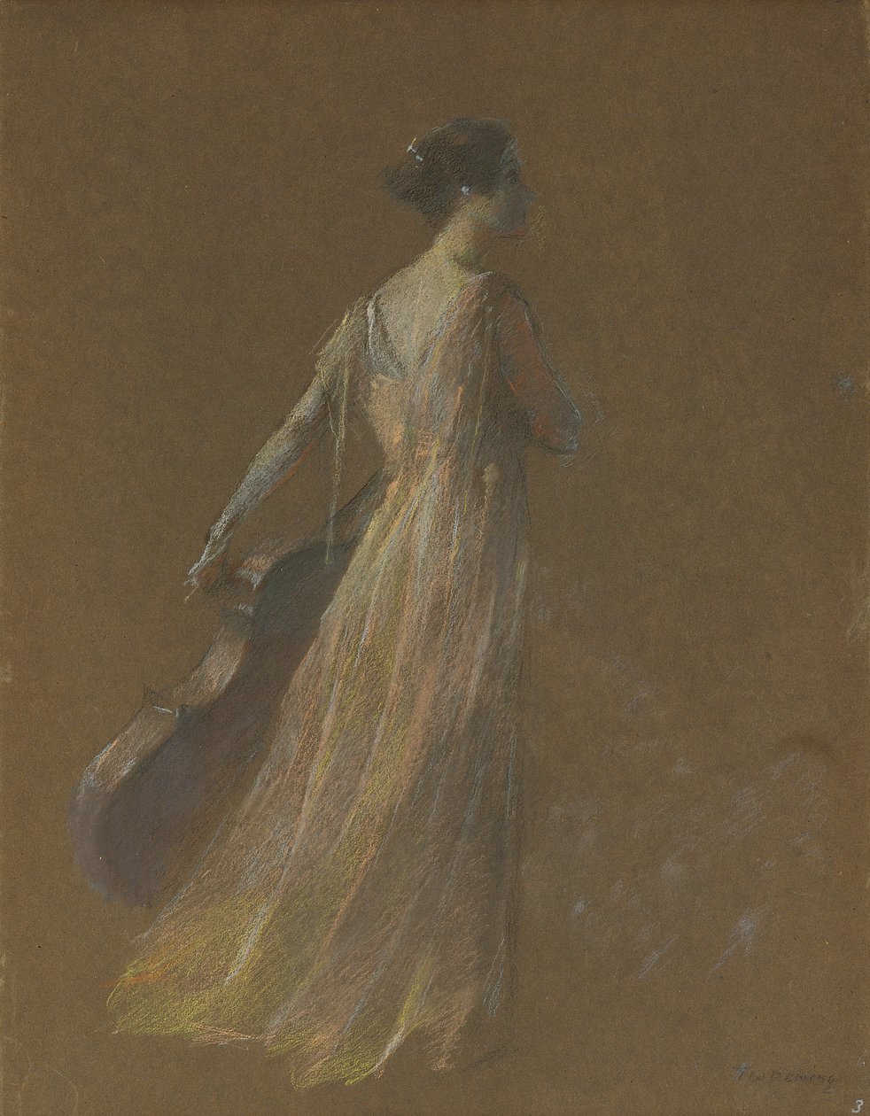 Ayakta duran bir çello tutan kadın (kağıt üzerinde pastel) by Thomas Wilmer Dewing