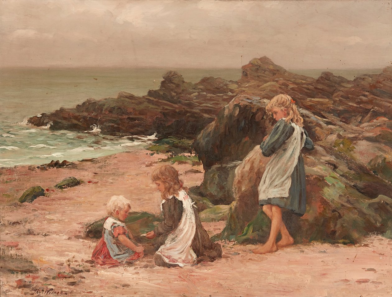 Kayalık Sahilde Çocuklar (tuval üzerine yağlı boya) by Thomas Wilson