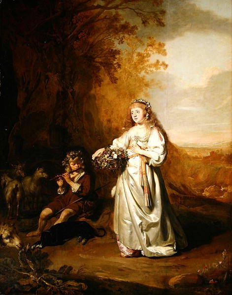 Arcadian Kostümlü Bir Kız ve Bir Erkek (panelde yağlı boya) by Thomas de Keyser