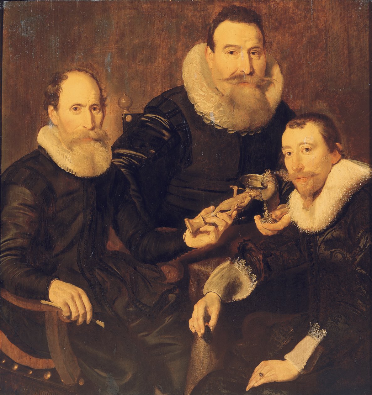 Dantel yakalı siyah kostümler içinde oturan üç beyefendinin grup portresi, dörtte üç boyunda, 1635 by Thomas de Keyser