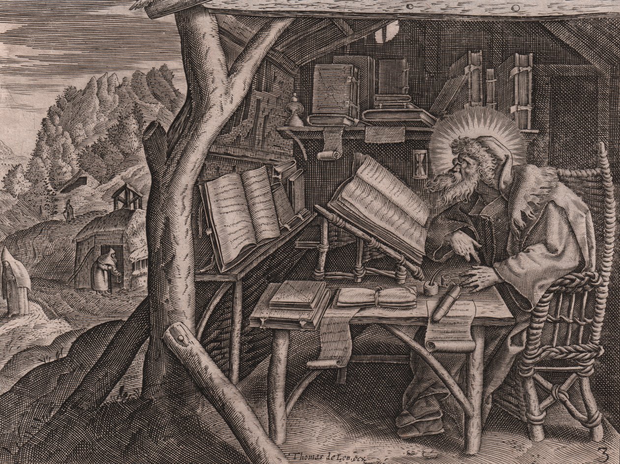 Aziz Evagrius Ponticus çalışmalarına daldı, Thomas de Lieu (1560-1612) tarafından gravür ve burin by Thomas de Leu