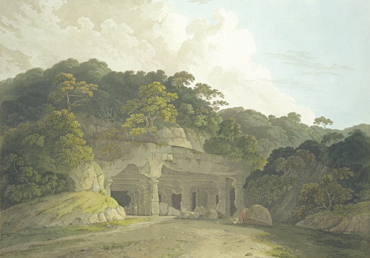 Elephanta Mağarasının Girişi, 'Doğu Manzarası: Hindustan'da Yirmi Dört Manzara'dan 58 numaralı levha, 1800'de yayınlandı by Thomas und William Daniell