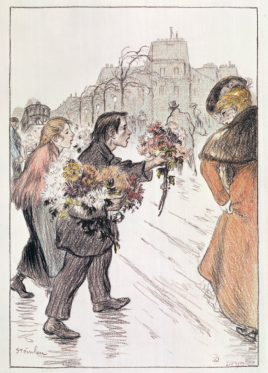 Dış Bulvarlarda dolaşan çiçekçiler (kağıt üzerinde kurşun kalem ve pastel boya) by Théophile Alexandre Steinlen