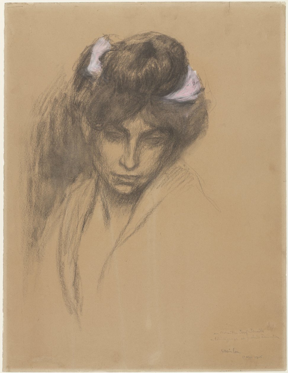 Saçında mor bir kurdele yarası olan esmer kızın kafası, ileriye bakıyor by Théophile Alexandre Steinlen