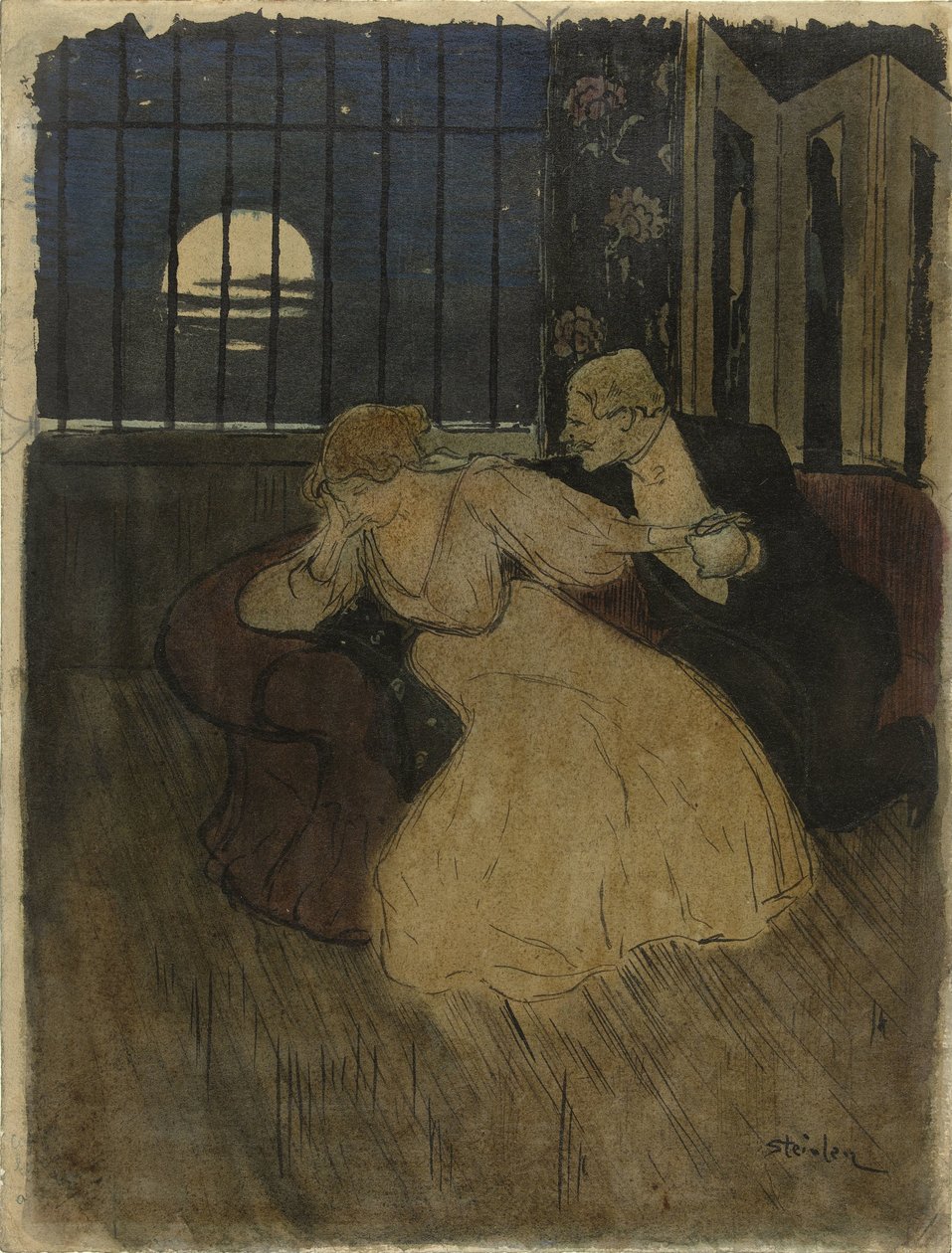 Etekli beyefendi kanepede şüphelenen bir bayanı ikna etmeye çalışıyor. by Théophile Alexandre Steinlen