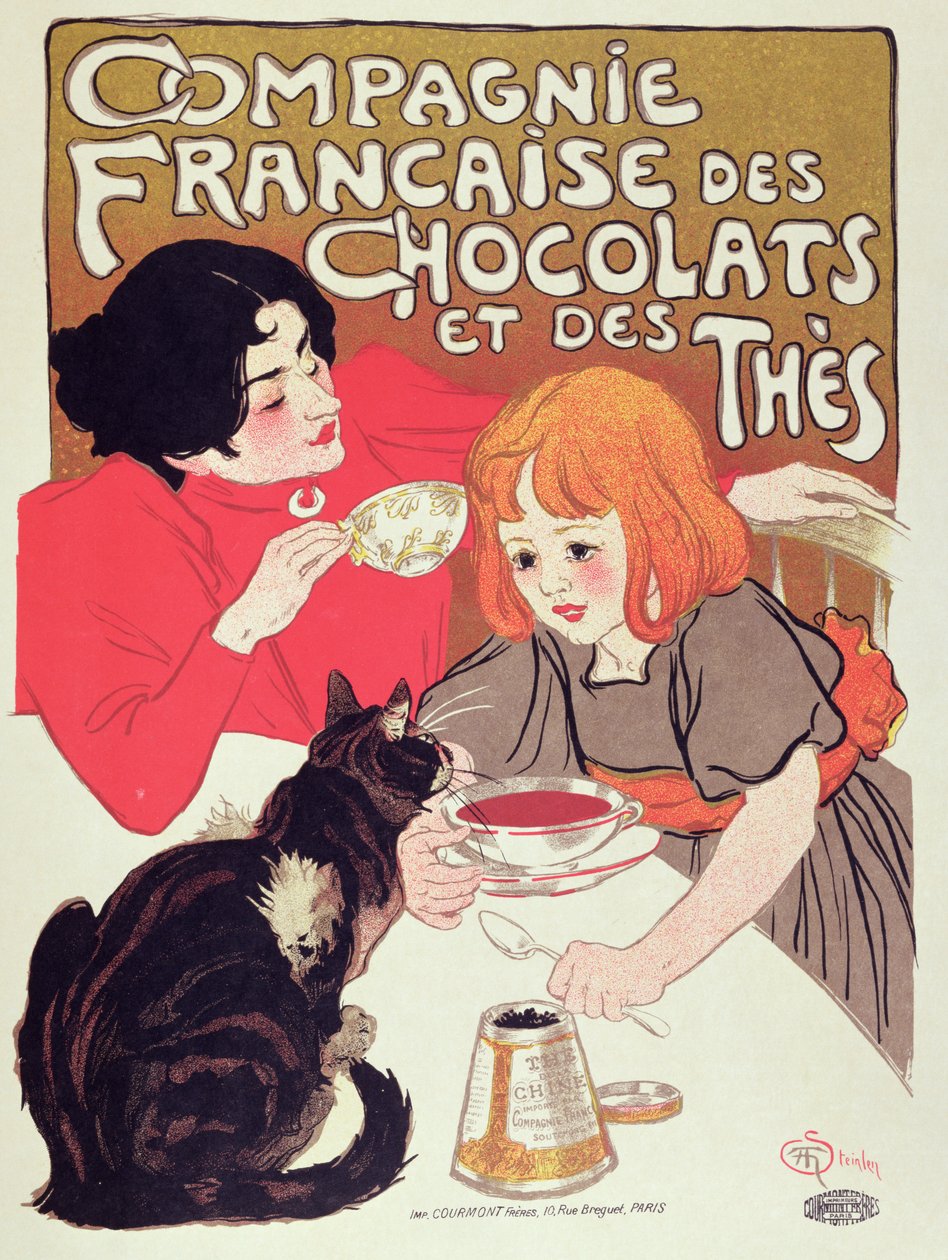 Compagnie Francaise des Chocolats et des Thes'in reklamını yapan poster, c.1898 (renkli taş) by Théophile Alexandre Steinlen