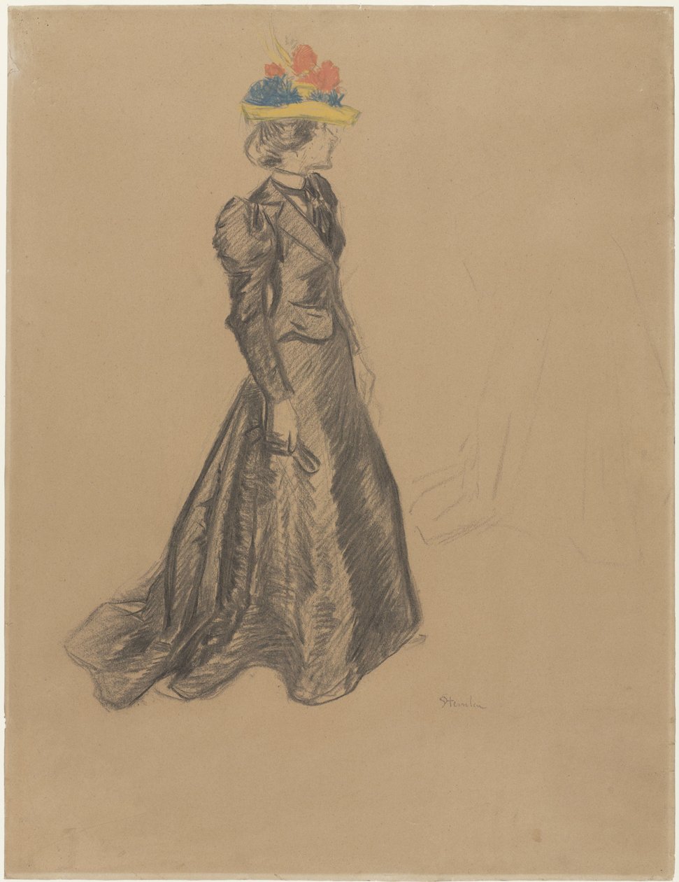Tren ve yaz çiçekli renkli hasır şapka ile komple siyah duran kadın by Théophile Alexandre Steinlen