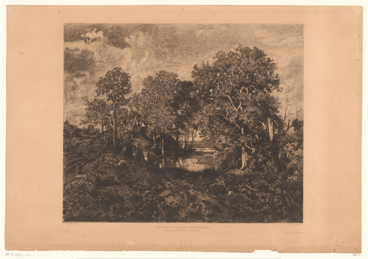 Havuz başında bir figürle Fontainebleau ormanının görünümü Une Mare - Forêt de Fontainebleau. (nesne üzerindeki başlık) by Théophile Chauvel