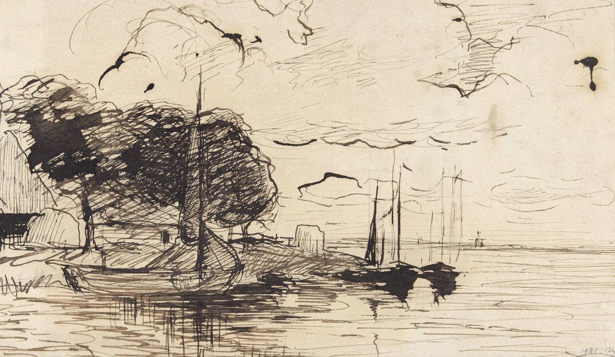 Ahır ve yelkenli gemiler ile kıyı by Théophile de Bock (possibly)
